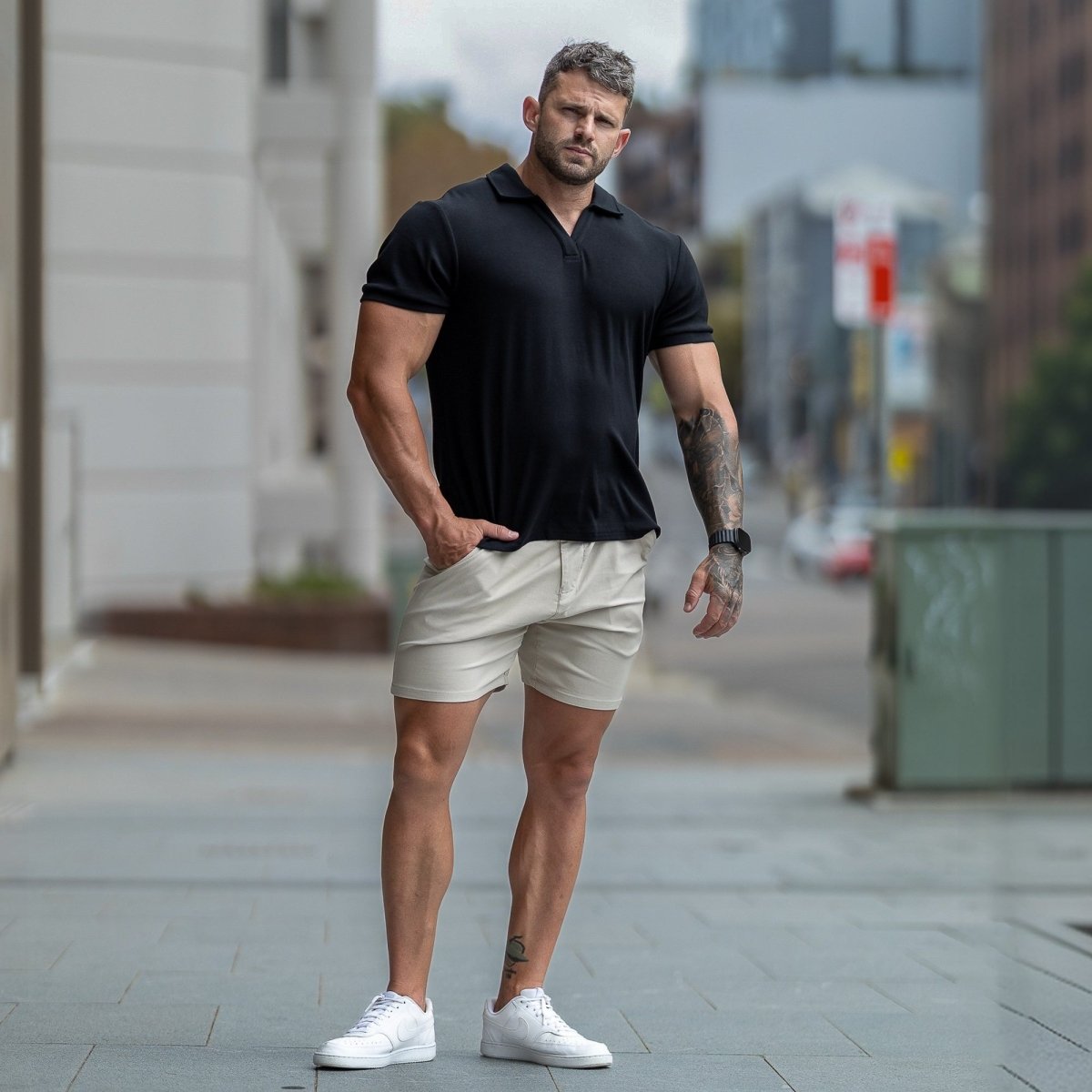 Slim fit chino shorts for muscular legs, Kojo Fit athletic fit, men's stretch chino shorts for bodybuilders