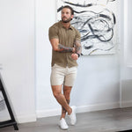 Mens Taupe Brown Muscle Fit Stretch Knit Short Sleeve Shirt