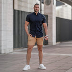 Brown Muscle Fit Chino Shorts With Navy Button Up Bamboo Shirt