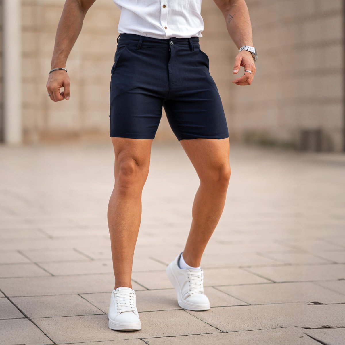 Mens Navy chino shorts for muscular legs