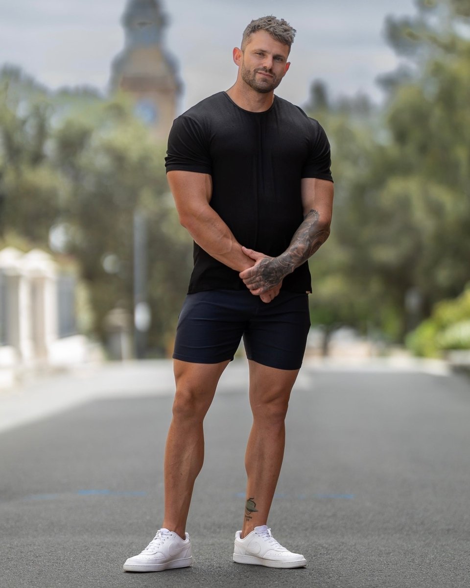 Muscle fit stretch navy chino shorts that fit big bodybuilder legs 