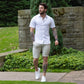 mens 9" cream Stretch chino shorts summer with white linen shirt