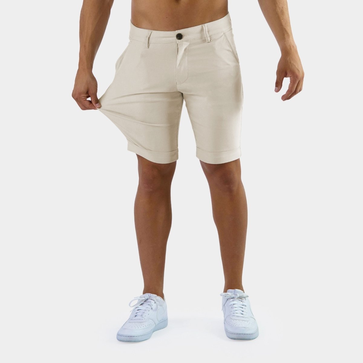 Cream Stretch Casual Shorts For Men With Big Thighs