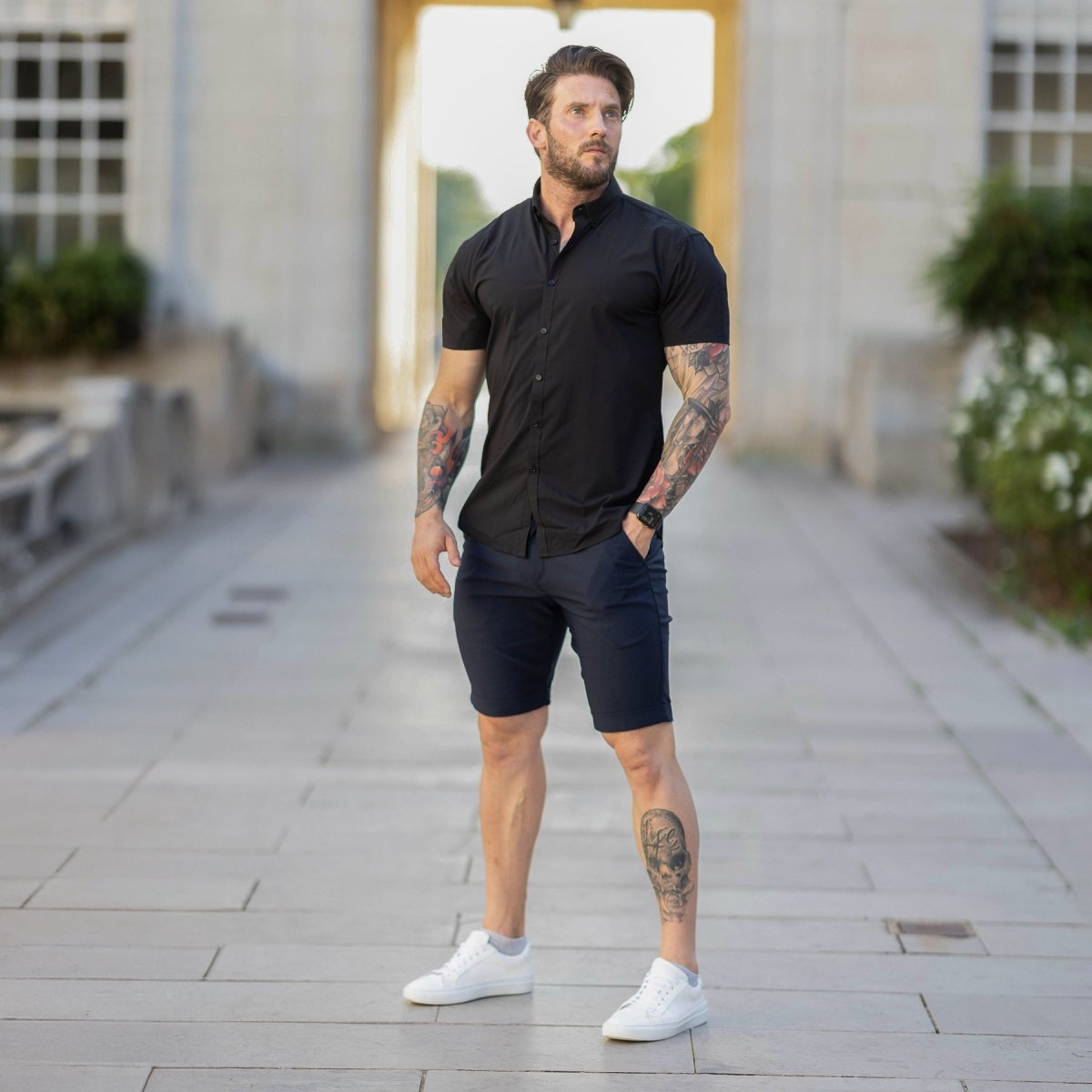 Mens Navy Stretch Slim Fit Chino Shorts