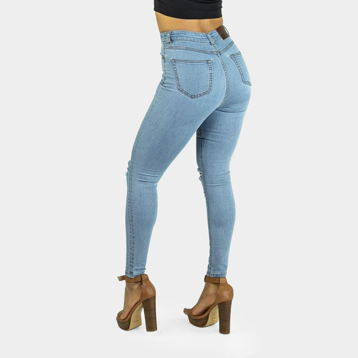 Womens Blue Sky Knee Rips High Waisted Skinny Fit Jeans | Kojo Fit ...